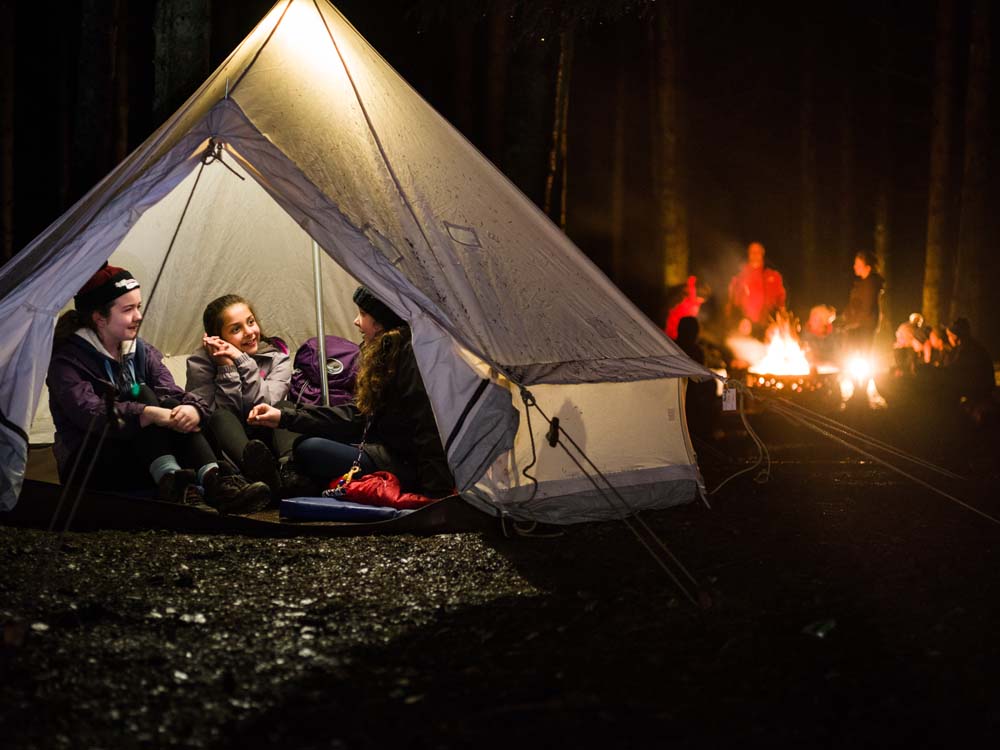 Image of Cubs in a tent with a campfire